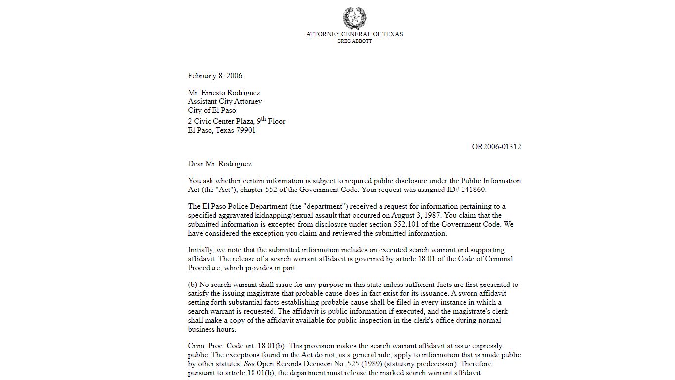 Abbott Open Records Letter Ruling OR2006-01312